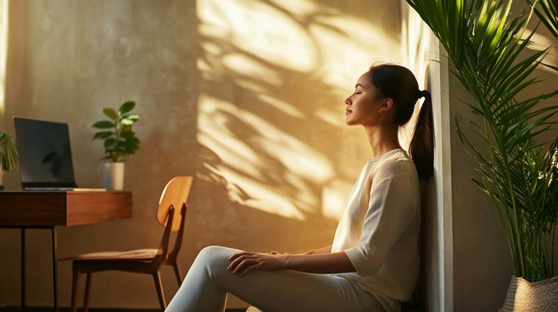 A woman calmly performing a wall sit in a sunlit room with warm, soft lighting, surrounded by indoor plants and a desk, symbolising the ease of incorporating isometric exercises into daily life.