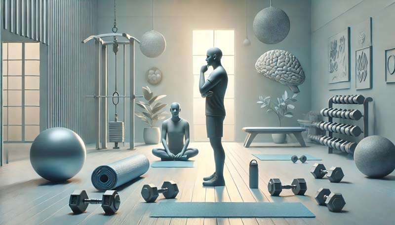 An individual stands still in a serene gym, surrounded by scattered exercise equipment like weights and a yoga mat, symbolising the internal struggle of mental health challenges and the opportunities for growth in physical fitness.