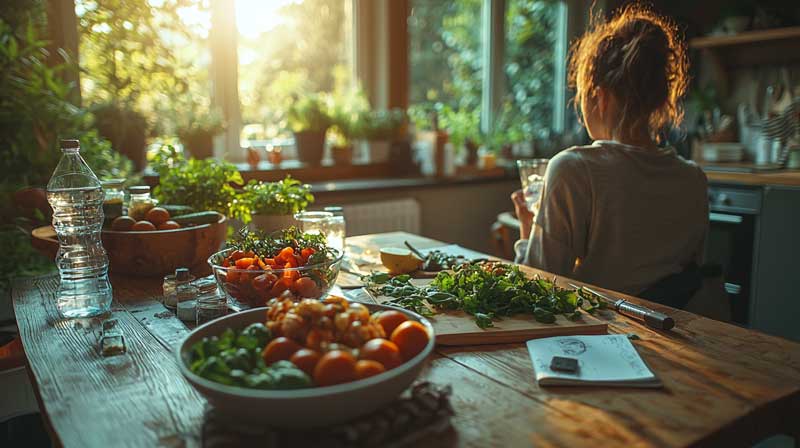 A cozy kitchen scene with a wooden table filled with fresh vegetables, fruit, a water bottle, and a glass. Sunlight streams in through a window, casting a warm glow. A person is seen sitting in the background, drinking water, while meal preparations continue, symbolising mindful living for diabetes and fitness management.