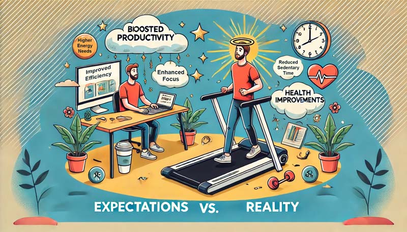 A cartoon-style image contrasting the idealised benefits and realistic outcomes of using walking pads and treadmill desks. One side shows expected benefits like enhanced productivity and health improvements, whilst the other displays realistic challenges such as energy needs and time management. Walking pads and treadmill desks.