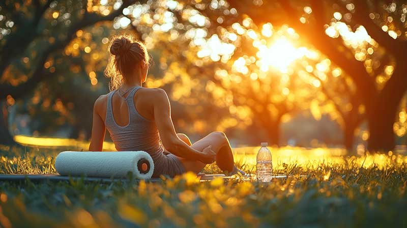 A person sitting on a yoga mat in a peaceful park, using a foam roller on their lower back, with soft natural light filtering through the trees, emphasising joint inflammation prevention.