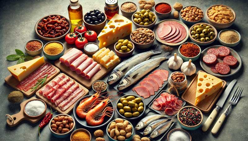 A variety of foods known to be high in salt, including anchovies, bacon, cheese, gravy granules, ham, olives, pickles, prawns, salami, salted nuts, salt fish, smoked meats, soy sauce, and stock cubes, arranged on a table.