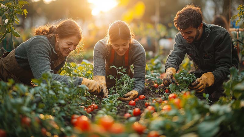 A close-up view of three people gardening together in a vibrant vegetable garden, smiling and enjoying the moment, symbolising teamwork, well-being, and the positive mental health benefits of gardening as a form of exercise for mental health.