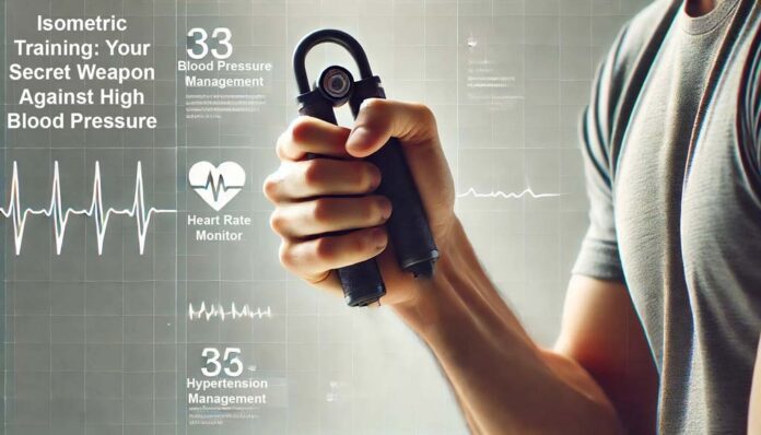 Close-up of a person using a handgrip strength device, with heart and pulse graphics symbolising blood pressure management isometric resistance training for hypertension.