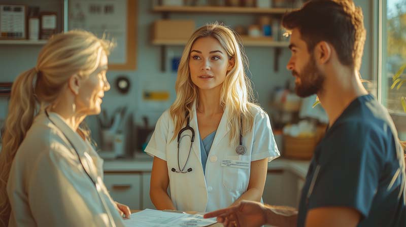 Warm sunlit clinic scene with a female doctor and male nurse advising a patient on exercise prescription for diabetes, illustrating the importance of personalised healthcare and tailored considerations in diabetes management.