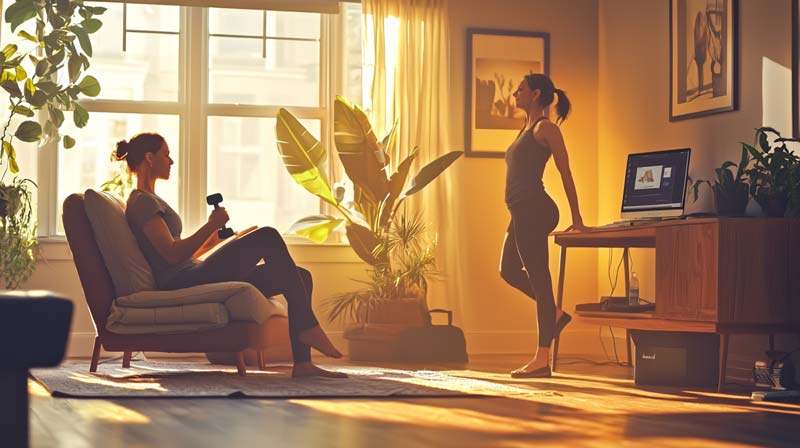 A cozy home setting with a person seated on a soft chair, using hand weights while another person stretches beside a desk with a computer displaying an exercise program, promoting mental health and physical fitness.