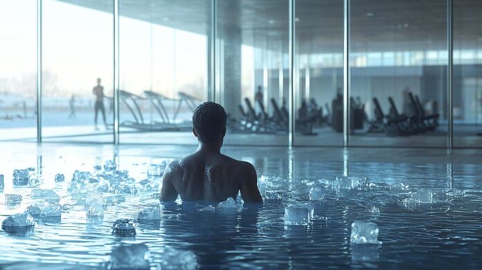 A person sitting in an ice bath outside a modern gym, with ice blocks floating in the water, emphasising joint inflammation prevention and the importance of recovery in fitness routines.