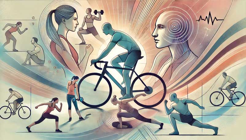 An artistic illustration featuring a central person cycling, surrounded by strength training, HIIT, and mind-body exercises. The illustration blends indoor and outdoor environments, representing various types of physical activities that benefit mental health.