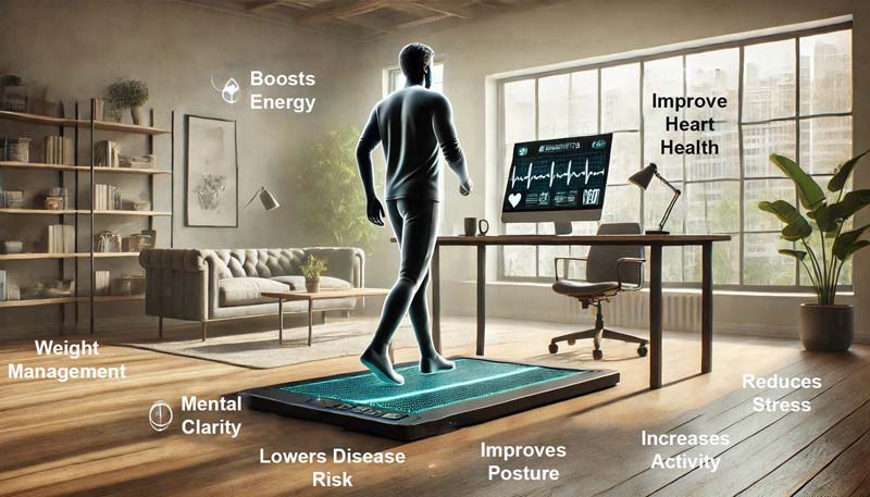 An image depicting a person using a walking pad in a modern home office. Key benefits like 'Boosts Energy', 'Improves Heart Health', and 'Reduces Stress' are highlighted with icons, emphasizing health integration in daily work routines.