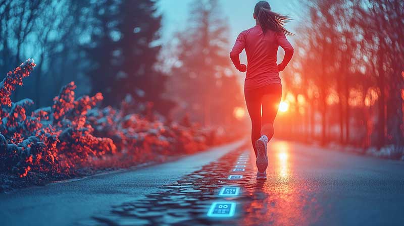 An athlete jogs on a path illuminated by glowing glucose meter graphics, representing the balance of diabetes and fitness management. The background transitions from cool blue tones to a warm sunset, symbolising hope, progress, and overcoming challenges in diabetes and fitness management through exercise.