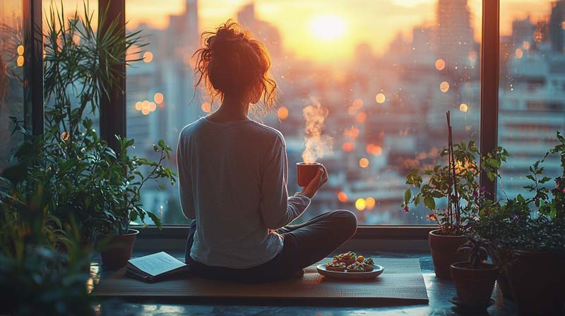 A person sits cross-legged on a mat in front of a large window at sunrise, holding a warm cup. Surrounded by plants and a healthy meal, the scene promotes calmness and peaceful reflection in a home environment.