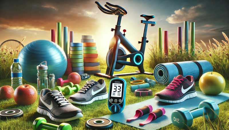 An outdoor scene showcasing various fitness equipment, including running shoes, an exercise bike, dumbbells, resistance bands, a yoga mat, and a Swiss ball, all placed on a grassy area under a bright sky. A glowing glucose meter stands prominently among the equipment, symbolising the connection between exercise and diabetes.