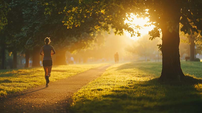 A lady jogging on a path in a lush green park during the early morning, with soft sunlight filtering through the trees, symbolising calmness, balance, and the connection between mental health and physical fitness.