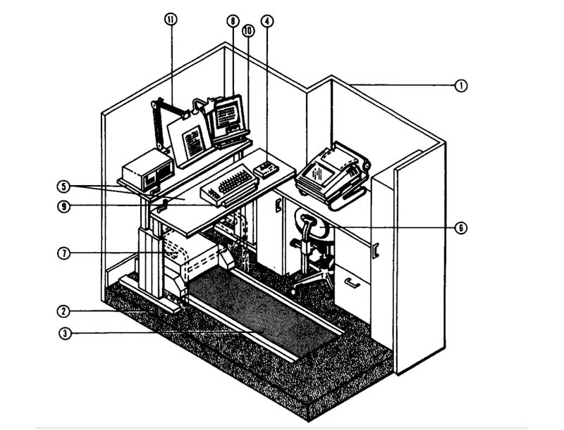 Early experimental design of a walking pad and treadmill desk setup, showcasing the integration of office work and physical activity.