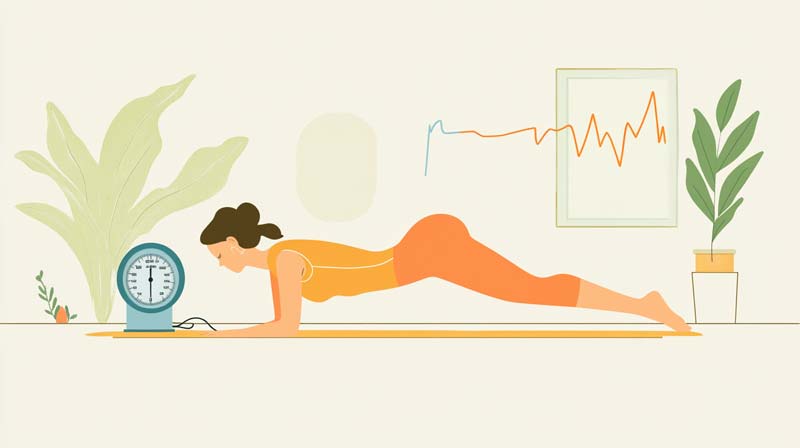 A person in a plank position with a sphygmomanometer next to them, symbolising the connection between isometric resistance training and hypertension management. The background includes a blood pressure graph, highlighting the exercise’s effect on stabilising blood pressure.