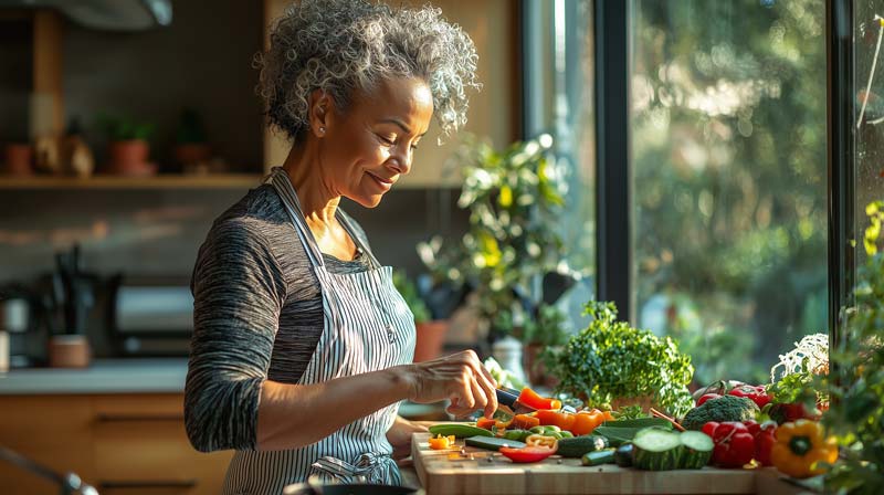 A middle-aged mixed-race lady smiling while preparing a colourful array of fresh vegetables in a bright kitchen. The sunlight streams in through the window, symbolising health and well-being. The person is focused on chopping vegetables, representing a balanced, heart-healthy diet for managing high blood pressure and heart health