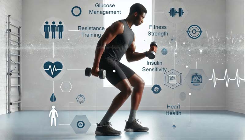 A young black man performing resistance training with dumbbells, surrounded by icons representing glucose management, insulin sensitivity, and heart health. The bright environment symbolises empowerment and the health benefits of resistance training for diabetes.