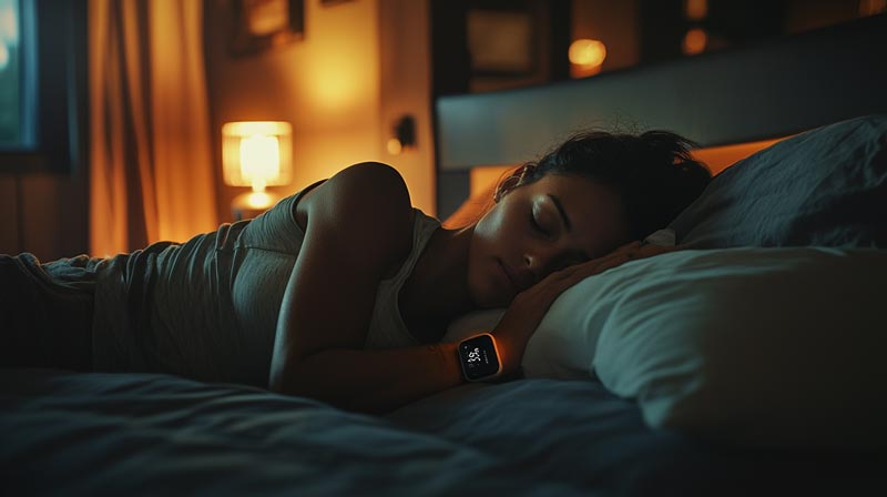 A peaceful athlete sleeping in a dimly lit bedroom, wearing a smartwatch that tracks recovery and sleep quality.