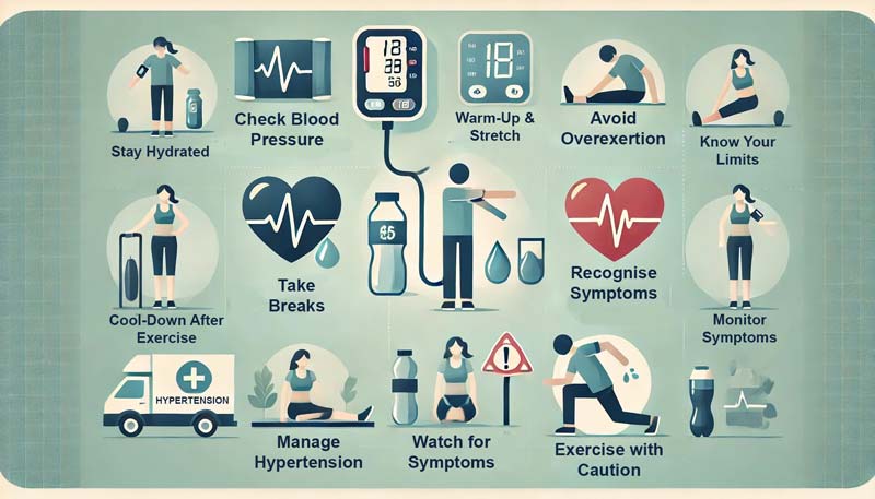 An infographic showing twelve safety measures for exercising with hypertension, including icons for checking blood pressure, Stay Hydrated, Check Blood Pressure, Warm-Up & Stretch, Avoid Overexertion, Know Your Limits, Cool-Down After Exercise, Take Breaks, Recognise Symptoms, Monitor Symptoms, Manage Hypertension, Watch for Symptoms and Exercise with Caution.