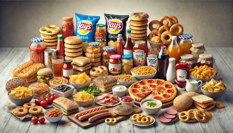 A variety of foods high in salt, including bread products like crumpets, bagels, ciabatta, pasta sauces, crisps, pizza, ready meals, soup, sandwiches, sausages, tomato ketchup, mayonnaise, and breakfast cereals, arranged on a table. The image highlights common high-salt food items and reflects the importance of salt intake balance.