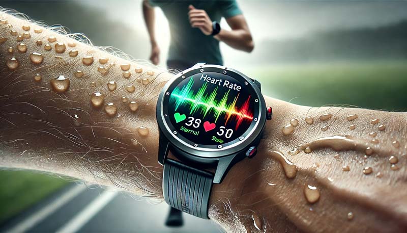 A close-up of a smartwatch displaying a dynamic, colour-coded heart rate graph, showing spikes in red and green. Sweat droplets are visible on the wrist, and a blurred runner is in motion in the background, representing cardiovascular strain during physical activity.