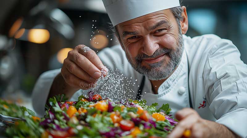 A middle-aged chef with a white beard and chef's hat, smiling warmly as he sprinkles salt over a vibrant, freshly made salad.