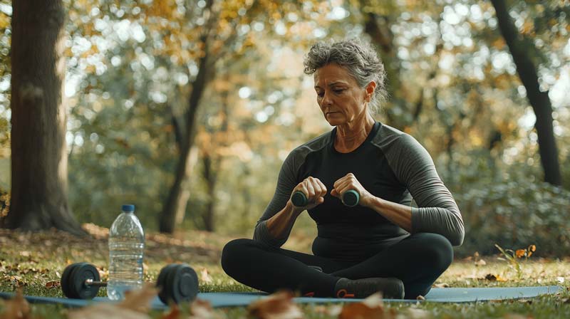 A middle-aged woman seated on a mat in a peaceful park, performing a seated arm raises with dumbbells, focusing on strength training as a tool for managing high blood pressure and heart health. A water bottle is nearby, symbolising self-care during exercise in a calm outdoor setting