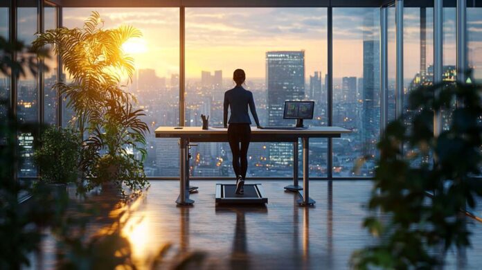 A professional in a futuristic office uses a treadmill desk, gazing out at a cityscape at sunset. This setting illustrates the benefits of walking pads and treadmill desks, enhancing workplace wellness and productivity.