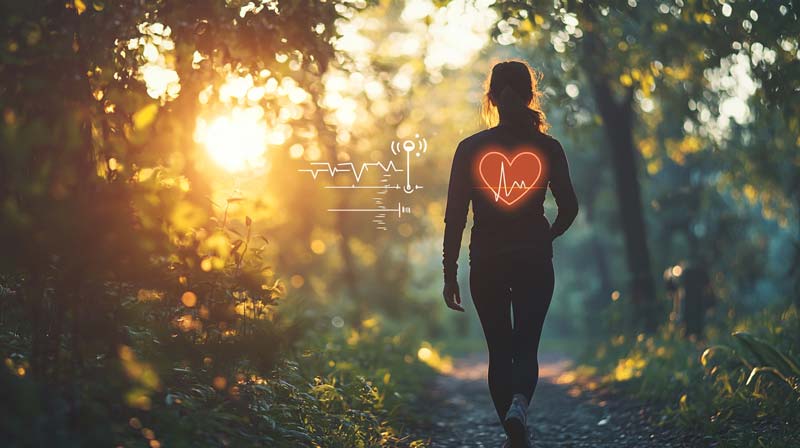 A person brisk walking in a serene park with a heart symbol and blood pressure readings in the air, representing the connection between exercise and maintaining heart health and controlling high blood pressure and heart health.