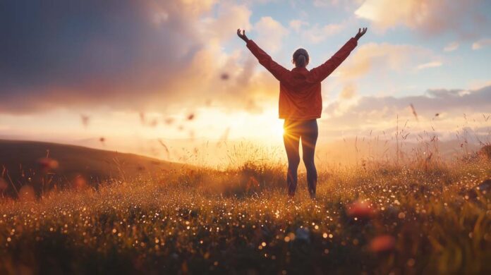 A woman stands in a dewy field at sunrise, arms raised in triumph and relaxation, reflecting a sense of mental clarity and well-being through exercise for mental health.