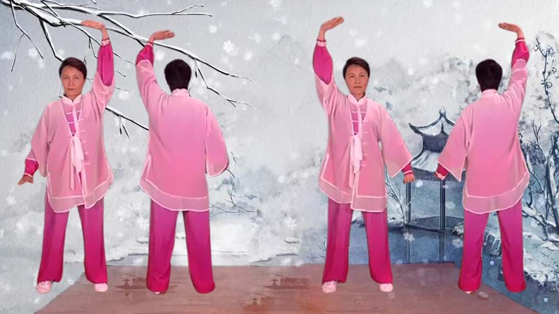 The practitioner performs Movement Three of Baduanjin Qigong, standing with one arm raised and the other lowered, palms facing in opposite directions.