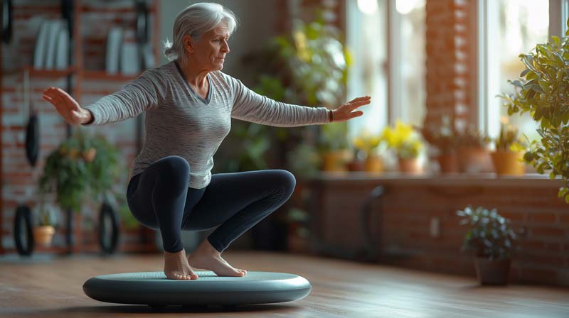 A woman practicing balance exercises on a balance board, focusing on stability and coordination, set in a calm indoor environment with plants in the background. • Descriptors: Exercise Benefits for Parkinson’s Disease, BeSund, BeIcon, BeIndividual, BeHealthy, BeWholesome, Active, Diverse, Community, Positivity, Wellness, Fitness, Motivation, Personal Growth, Nutrition, Strength, Endurance, Balance, Energy, Resilience, Mindfulness, Sustainability, Progress, Well-being, Exercise, Adaptability, Commitment, Lifestyle, Rejuvenation, Unity, Exercise, Benefits, Parkinson’s, Disease, Cognitive Health, Medical Conditions, Stability, Coordination, Balance Training. Let me know if you need anything further!