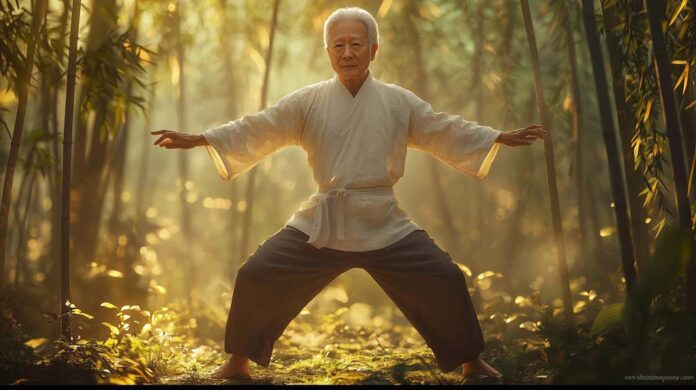 An elderly man with silver hair practices Baduanjin Qigong in a bamboo forest at sunrise. He is standing in a balanced stance, arms extended outward, focused on the calm, natural surroundings, demonstrating the harmonious connection between movement and nature.