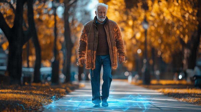 An elderly man confidently walking through a serene park, with glowing lines around his body and steps symbolising improved motor function and energy through exercise.