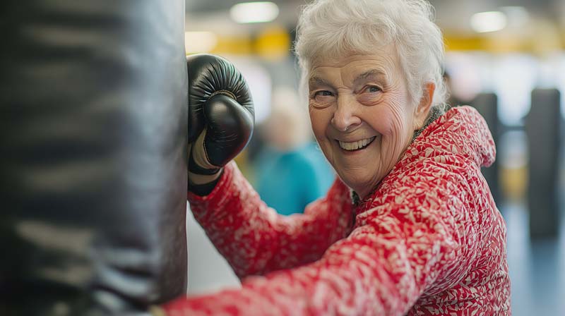 An older woman with Parkinson's disease, smiling and mid-motion as she boxes with a punching bag in a gym setting, symbolising strength and resilience as part of Parkinson's disease and exercise management.