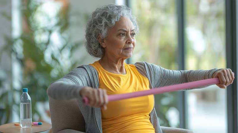 An older woman seated, confidently holding a resistance band, exercising with focus and control in a bright indoor setting, as part of Parkinson's disease and exercise management.