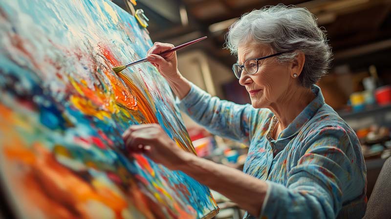 An elderly woman seated, focusing intensely on painting a vibrant abstract artwork, symbolising creativity and mental engagement in Parkinson's disease and exercise management.