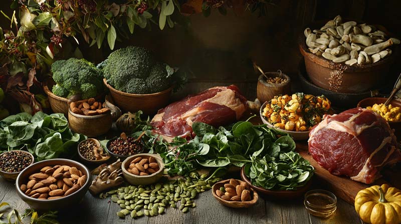 A beautiful spread of foods rich in zinc, magnesium, and vitamin K, such as spinach, almonds, pumpkin seeds, broccoli, and red meat, with a glowing outline of bones in the background, symbolising their role in bone health and nutrition for bone health.