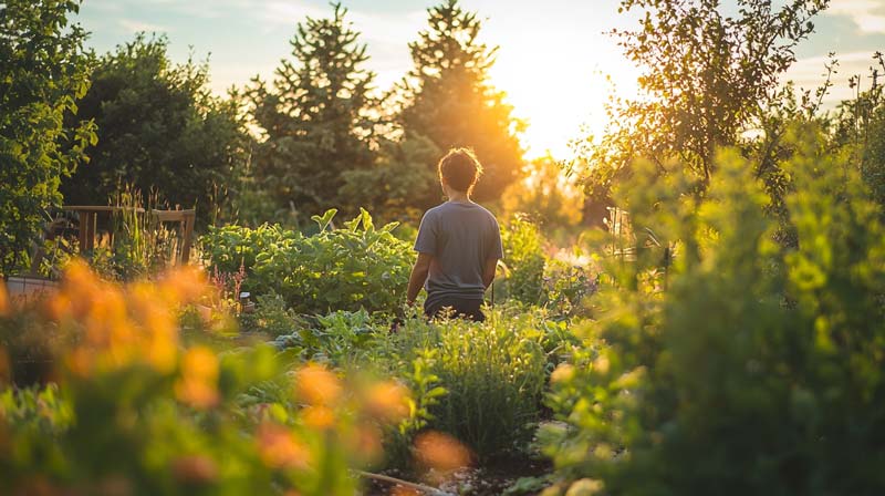 A person standing in a vibrant, lush garden during a peaceful moment, enjoying the surrounding greenery and fresh air. The image reflects the connection between outdoor activities, like gardening, and respiratory health in a natural, calming environment.