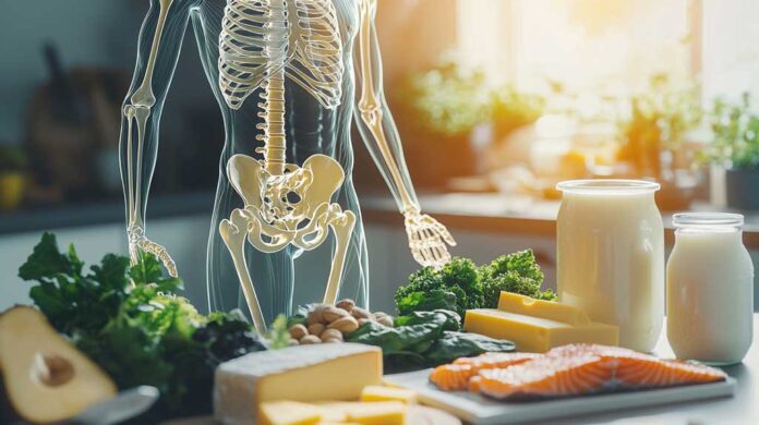 A translucent skeletal figure standing beside nutrient-dense foods like milk, cheese, salmon, and leafy greens, symbolising the importance of nutrition for bone health.