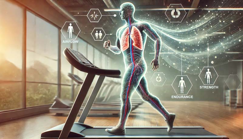 A person walking on a treadmill with anatomical overlays highlighting the lungs and respiratory muscles. Airflow and oxygen exchange are depicted through arrows, illustrating the connection between exercise and respiratory health benefits. The background includes icons for strength, endurance, and balance in a rehabilitation setting.