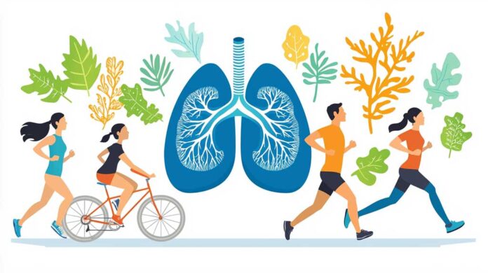 A vibrant illustration of stylised lungs surrounded by individuals jogging and cycling, representing exercise training for respiratory health, with colourful leaves symbolising vitality and nature's role in well-being.