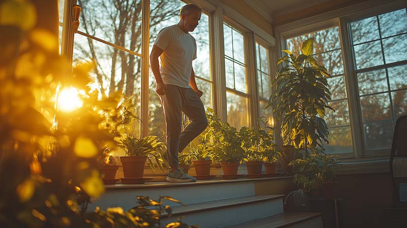 A mid-50s man performing step-ups on a staircase in a home environment, with sunlight streaming through large windows, surrounded by indoor plants, illustrating a home-based workout.