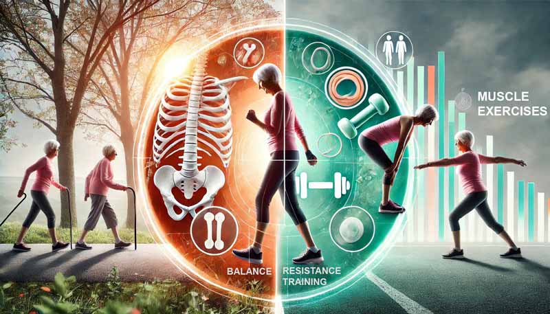 A split-screen image illustrating how different exercises help manage osteoporosis and bone health, including weight-bearing exercises, resistance training, and balance exercises, all contributing to improved bone density and strength.