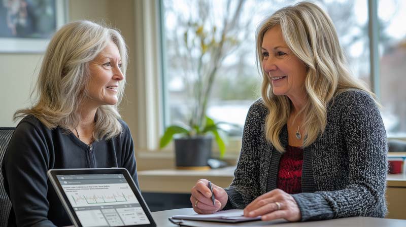 An older woman sitting in a consultation with a healthcare professional, discussing treatment options in a bright, comfortable setting.