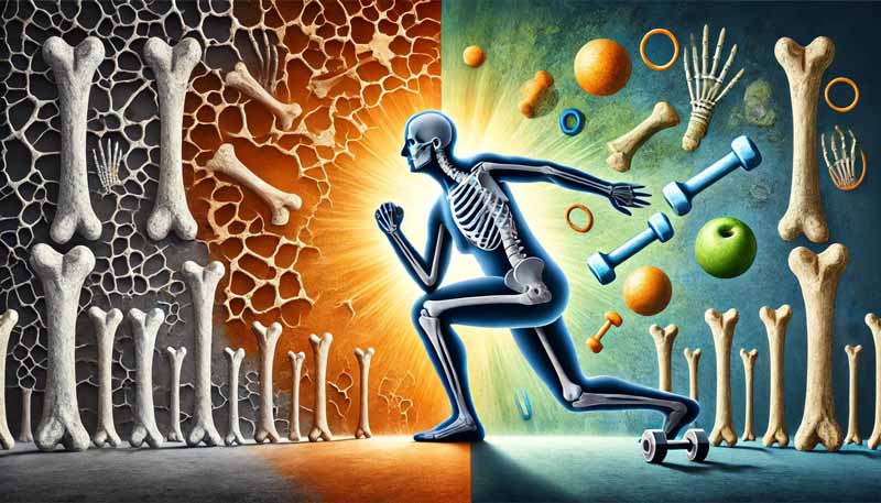 A split image showing osteoporosis and bone health, where the left side depicts fragile bones and the right side shows strong, healthy bones with an elderly person exercising, symbolising the transformation through physical activity.