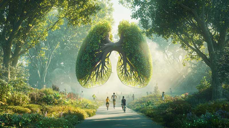 A serene pathway surrounded by vibrant greenery and large stylised lungs formed from trees. People are walking and cycling along the path, symbolising the journey towards improved respiratory health through exercise training for respiratory health.