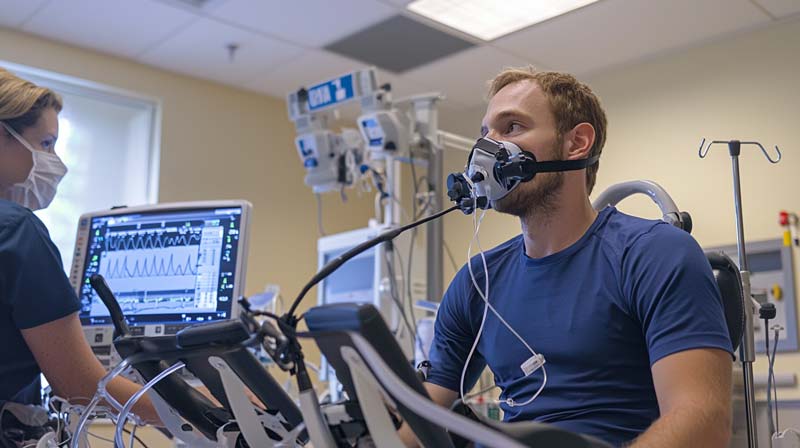 A patient is undergoing a cardiopulmonary exercise test, wearing a mask connected to medical equipment that monitors heart rate and respiratory health and exercise performance. A healthcare professional monitors the data on a nearby screen, ensuring the safety of the exercise in a clinical environment.