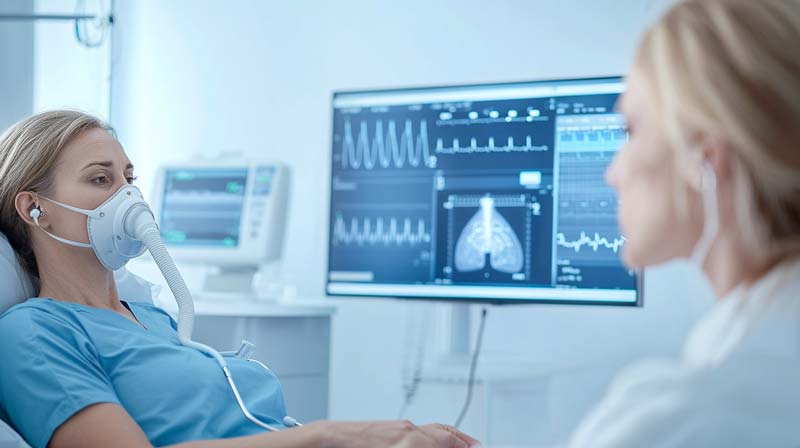 A patient wearing a respiratory mask undergoes a lung function test in a clinical setting. Medical monitors display detailed graphs of heart rate and lung performance, emphasising the importance of safety and assessment before exercise.