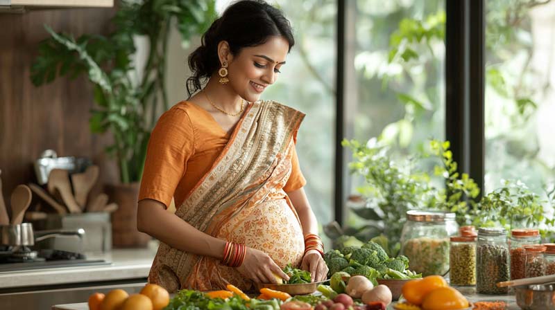 A pregnant Indian woman stands in a bright kitchen, wearing traditional attire, as she prepares a healthy meal with fresh vegetables on the counter, symbolising a nourishing and balanced lifestyle during pregnancy.